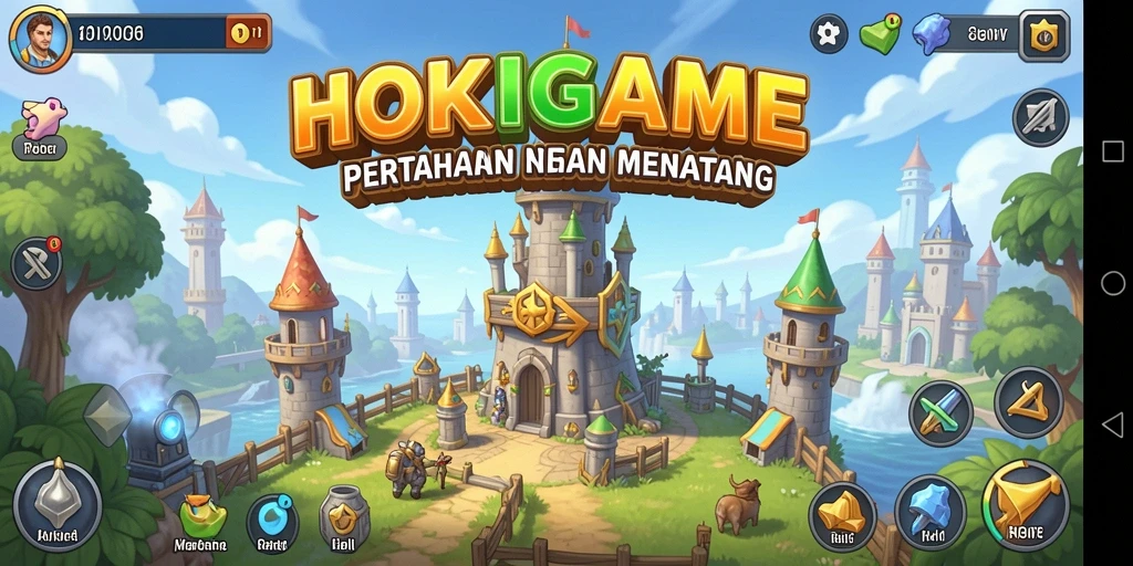 Screenshot HOKIGAME menampilkan aksi seru dalam pertahanan menara.
