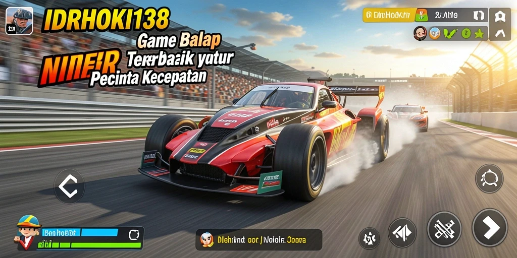 Screenshot gameplay <strong>IDRHOKI138</strong> menunjukkan balapan yang mendebarkan dengan mobil cepat.