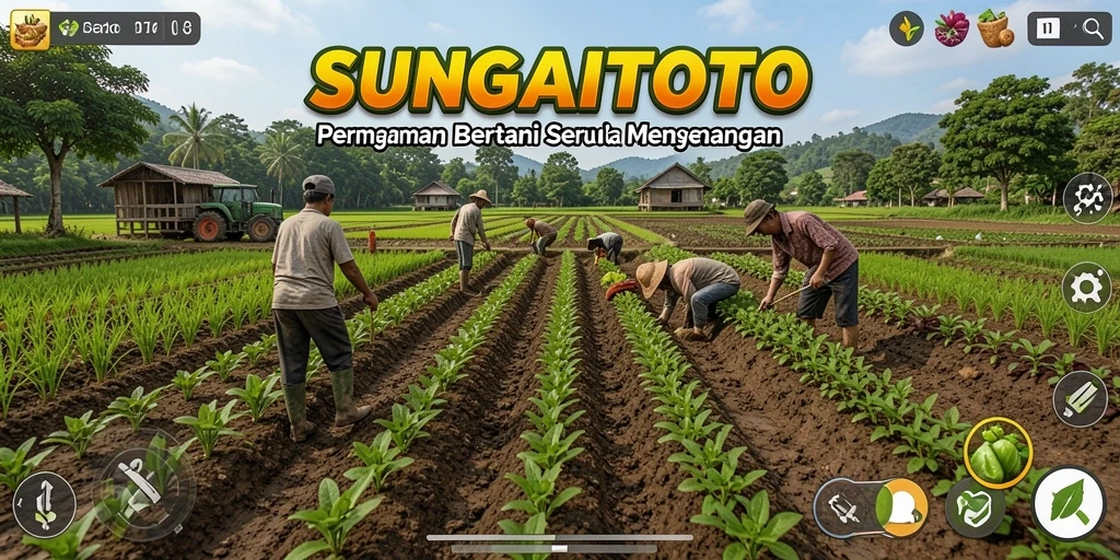 Tampilan gameplay SUNGAITOTO yang menunjukkan aktivitas bertani yang seru.