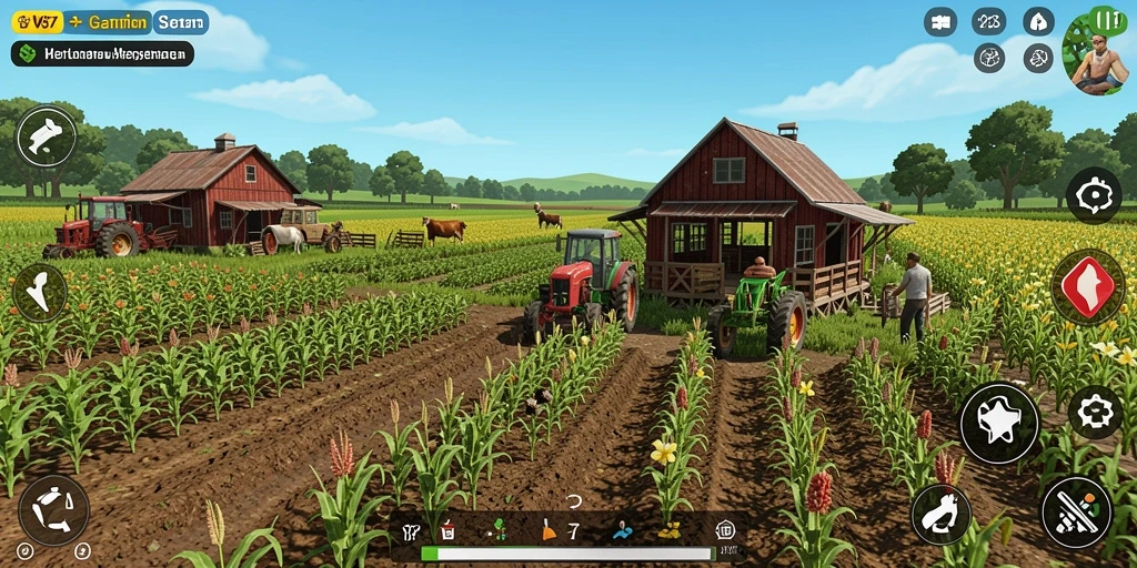 Screenshot utama V87 menampilkan gameplay seru di ladang pertanian.