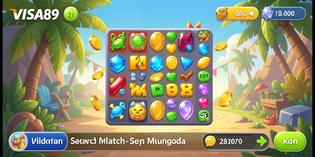 Screenshot menampilkan gameplay seru dari VISA89 saat mencocokkan permata.