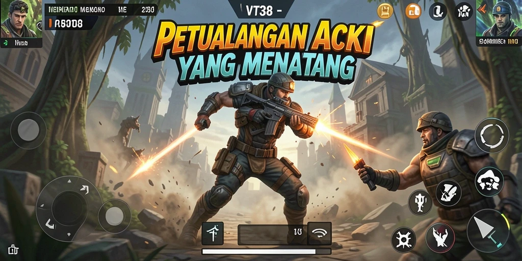 Screenshot VT38 menampilkan pertarungan intens dalam gameplay aksi.